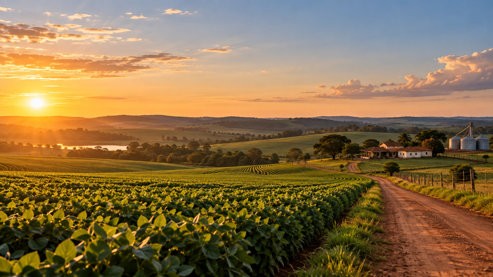 Lavoura, estrada rural e sede de uma fazenda ao pôr do sol